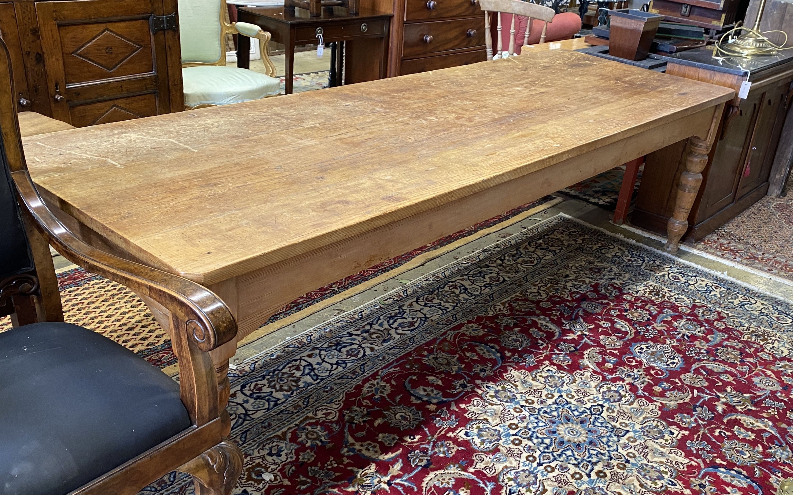 A Victorian pine kitchen table, length 272cm, depth 88cm, height 76cm